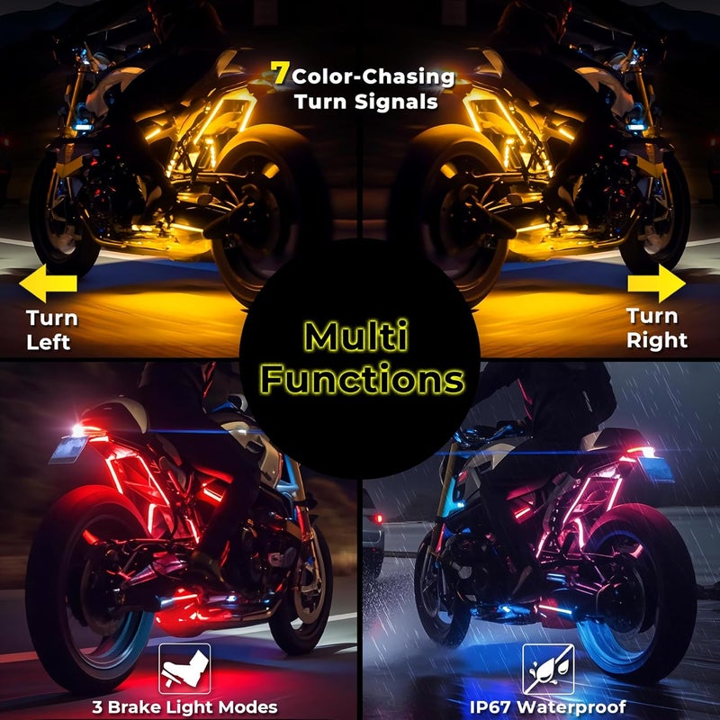 DITRIO 12PCS Motorcycle Led Lights with Brake Turn Signal,Underglow Light Kits with APP/RF Remote Control, Dual Zone,Waterproof,12V Pixelglow Led RGB Lights for Motorcycles, Golf Carts, ATVs, UTVs - Image 3